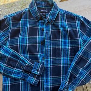 Lands' End Navy and Teal Plaid Button-Down Shirt